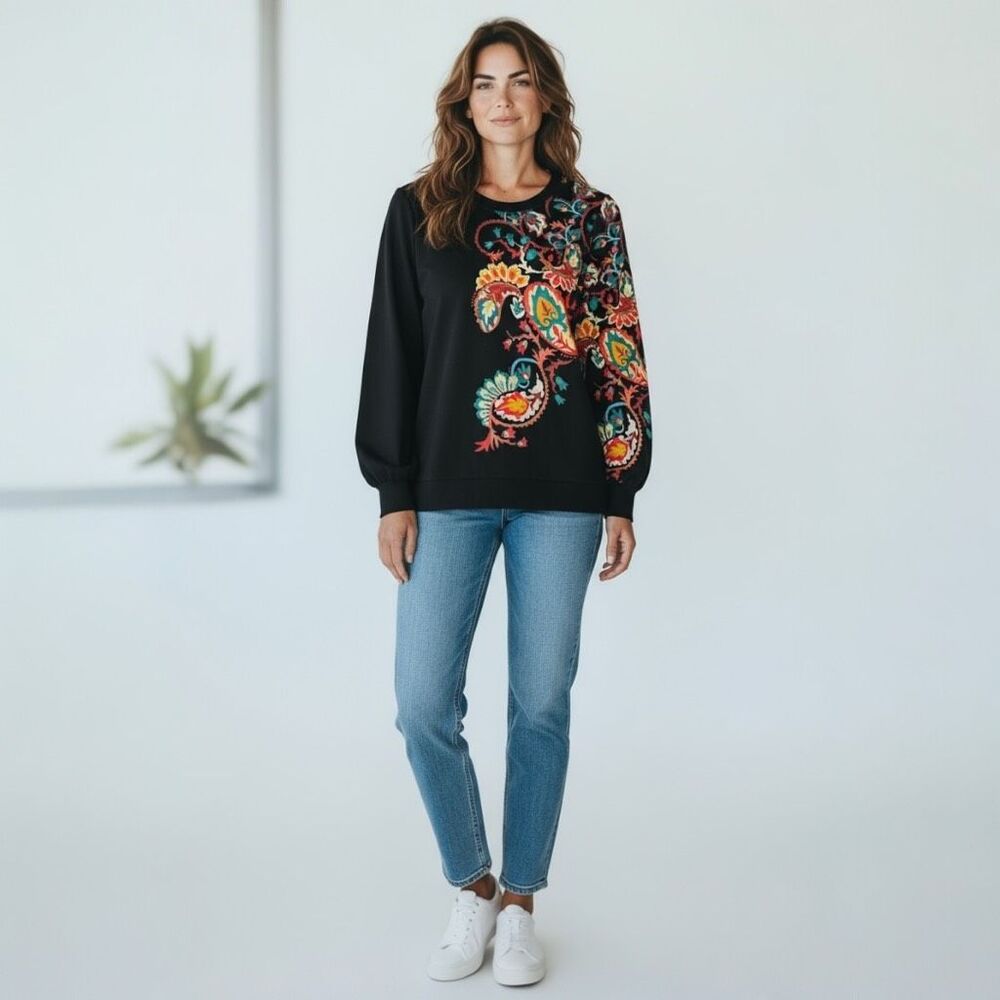 Chico's Black Knit Sweatshirt Type Knit Top Tunic,‎ Size 8